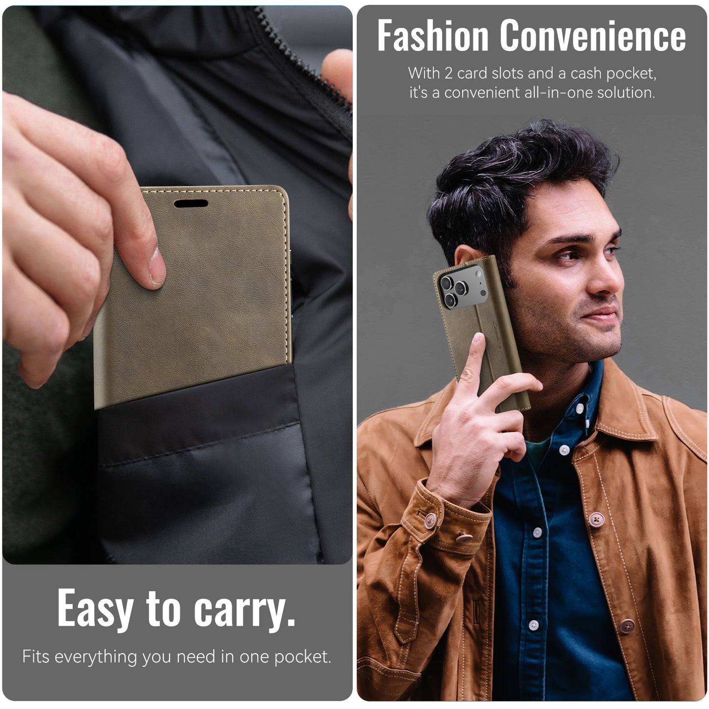 For iPhone 17 Pro Max Case CASEME 033 Series RFID Blocking Wallet Stand Calf Texture Leather Phone Cover - Coffee