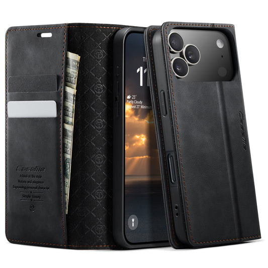 For iPhone 17 Pro Max Case CASEME 033 Series RFID Blocking Wallet Stand Calf Texture Leather Phone Cover - Black