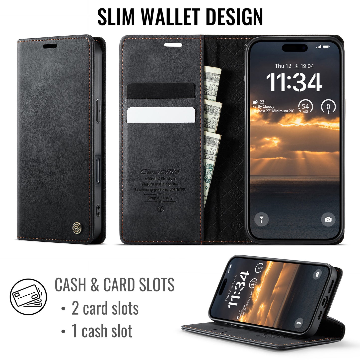 For iPhone 17 Pro Max Case CASEME 033 Series RFID Blocking Wallet Stand Calf Texture Leather Phone Cover - Black