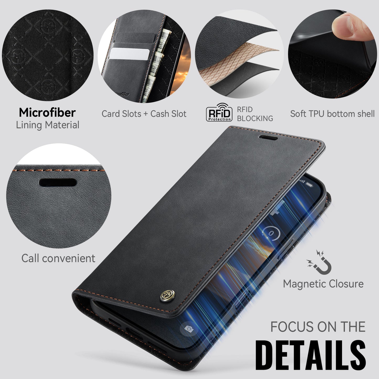 For iPhone 17 Pro Max Case CASEME 033 Series RFID Blocking Wallet Stand Calf Texture Leather Phone Cover - Black