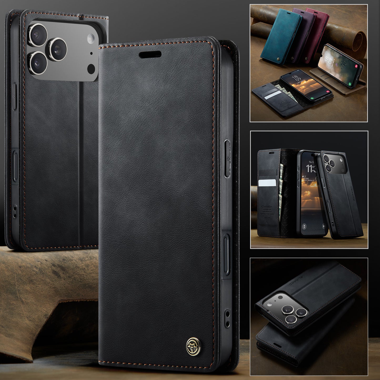 For iPhone 17 Pro Max Case CASEME 033 Series RFID Blocking Wallet Stand Calf Texture Leather Phone Cover - Black