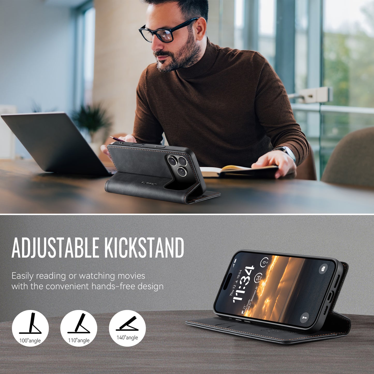 For iPhone 17 Pro Max Case CASEME 033 Series RFID Blocking Wallet Stand Calf Texture Leather Phone Cover - Black