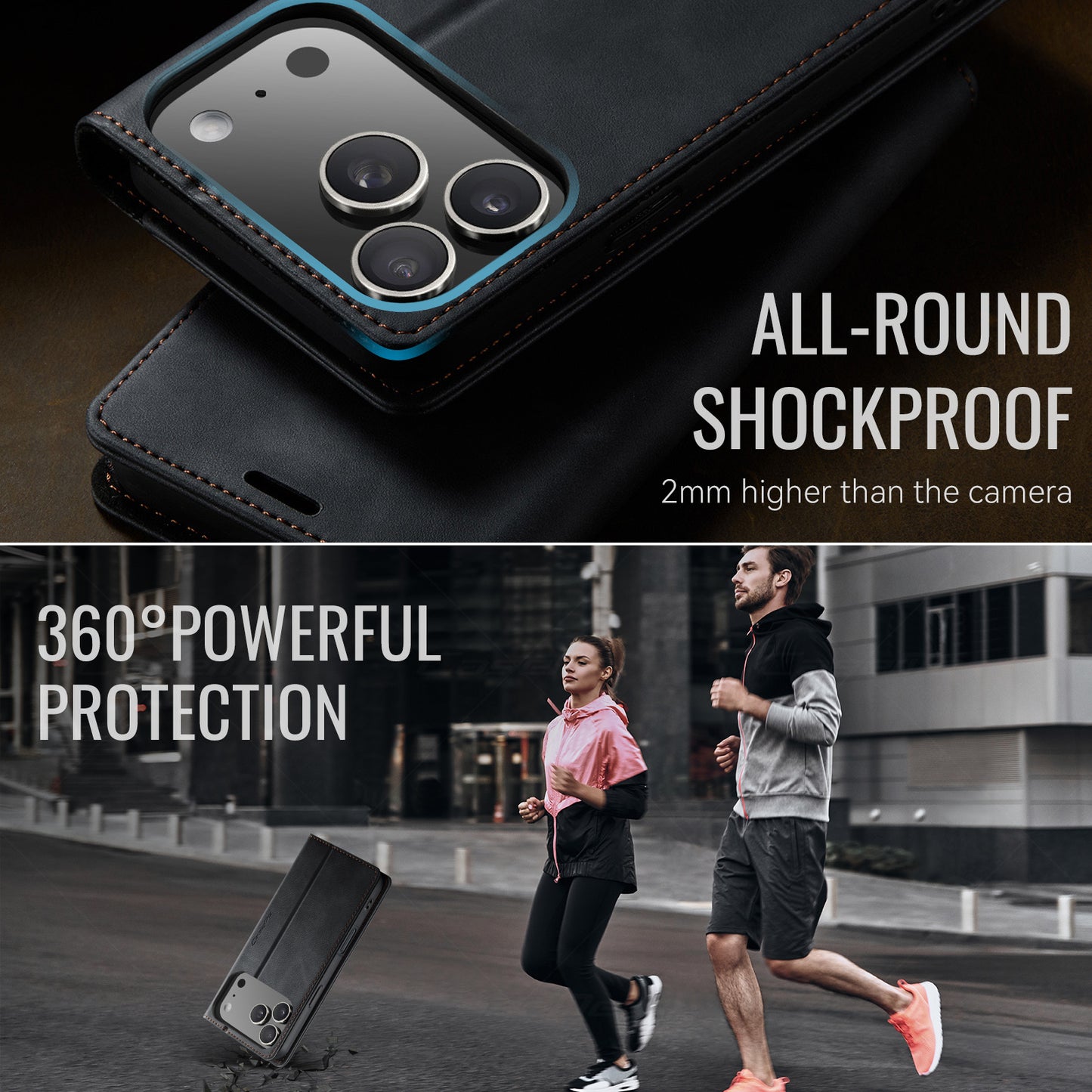 For iPhone 17 Pro Max Case CASEME 033 Series RFID Blocking Wallet Stand Calf Texture Leather Phone Cover - Black