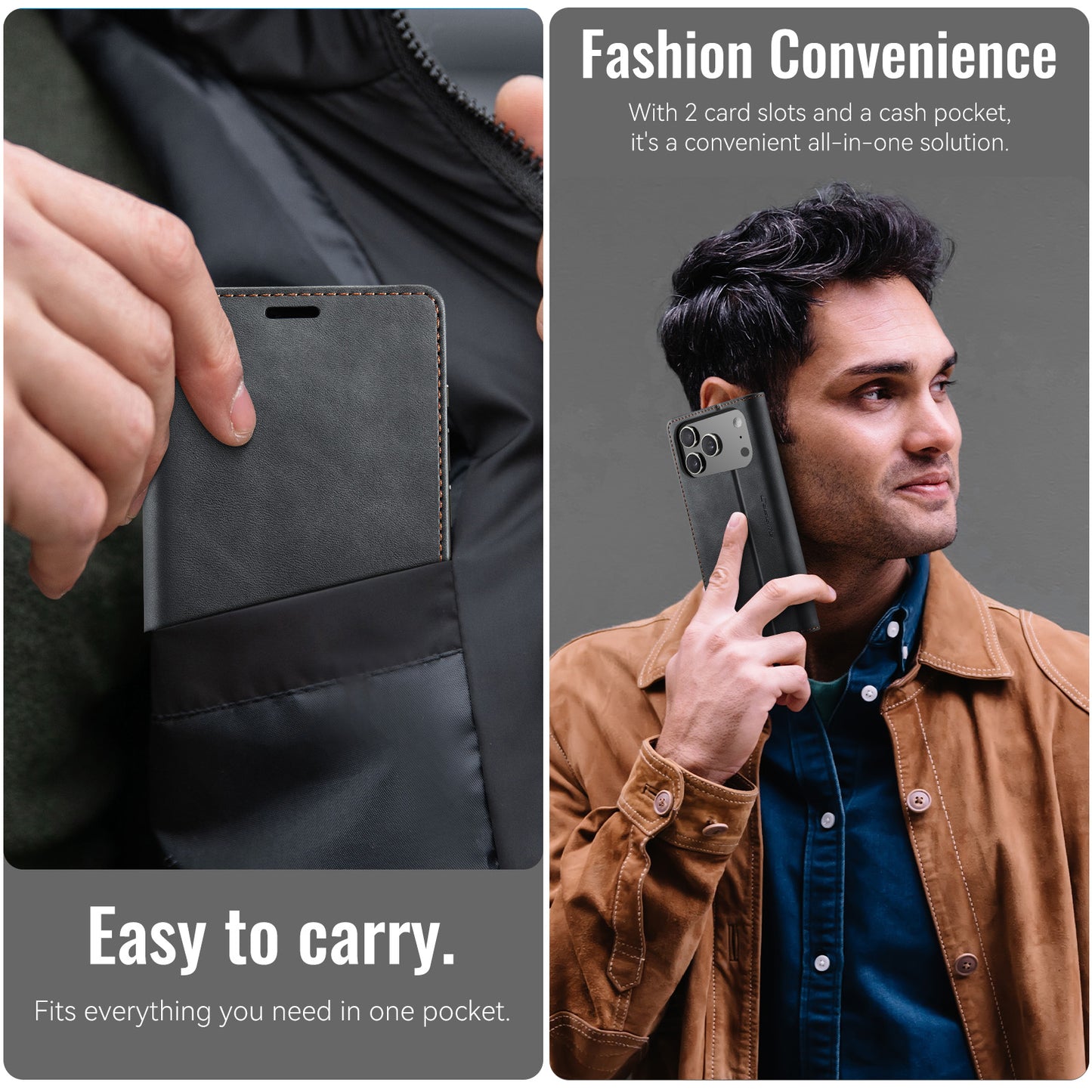 For iPhone 17 Pro Max Case CASEME 033 Series RFID Blocking Wallet Stand Calf Texture Leather Phone Cover - Black