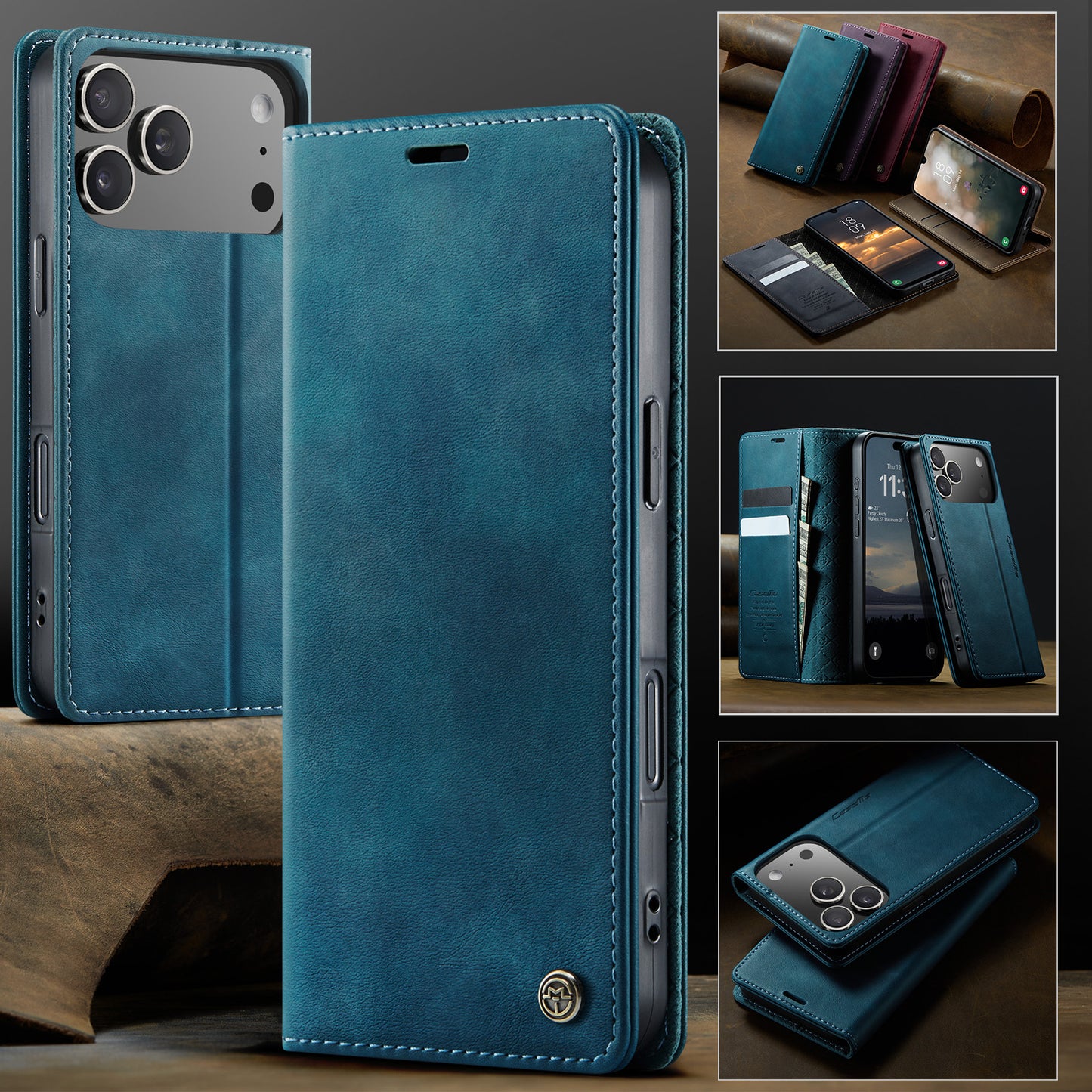 For iPhone 17 Pro Max Case CASEME 033 Series RFID Blocking Wallet Stand Calf Texture Leather Phone Cover - Green