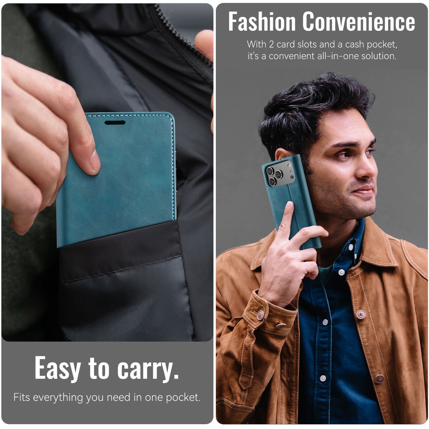 For iPhone 17 Pro Max Case CASEME 033 Series RFID Blocking Wallet Stand Calf Texture Leather Phone Cover - Green