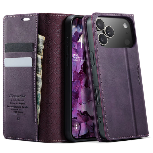 For iPhone 17 Pro Max Case CASEME 033 Series RFID Blocking Wallet Stand Calf Texture Leather Phone Cover - Purple