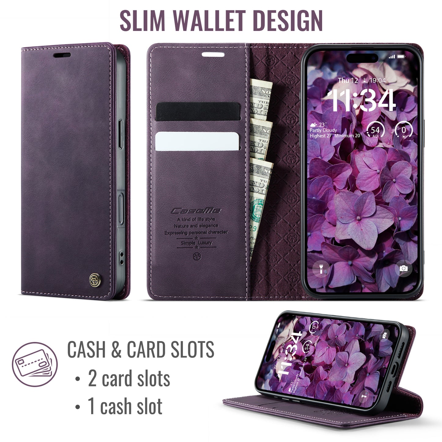 For iPhone 17 Pro Max Case CASEME 033 Series RFID Blocking Wallet Stand Calf Texture Leather Phone Cover - Purple