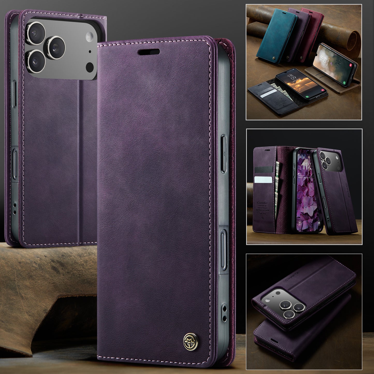 For iPhone 17 Pro Max Case CASEME 033 Series RFID Blocking Wallet Stand Calf Texture Leather Phone Cover - Purple