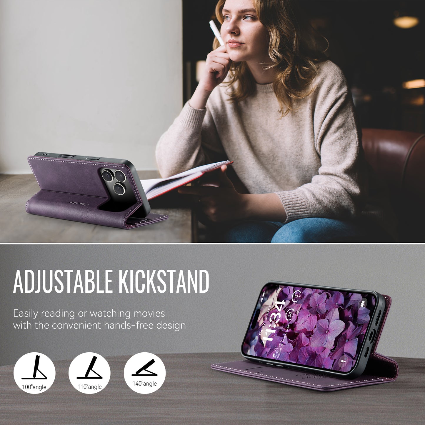 For iPhone 17 Pro Max Case CASEME 033 Series RFID Blocking Wallet Stand Calf Texture Leather Phone Cover - Purple