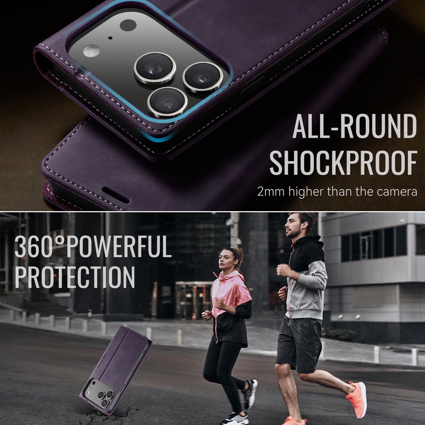 For iPhone 17 Pro Max Case CASEME 033 Series RFID Blocking Wallet Stand Calf Texture Leather Phone Cover - Purple