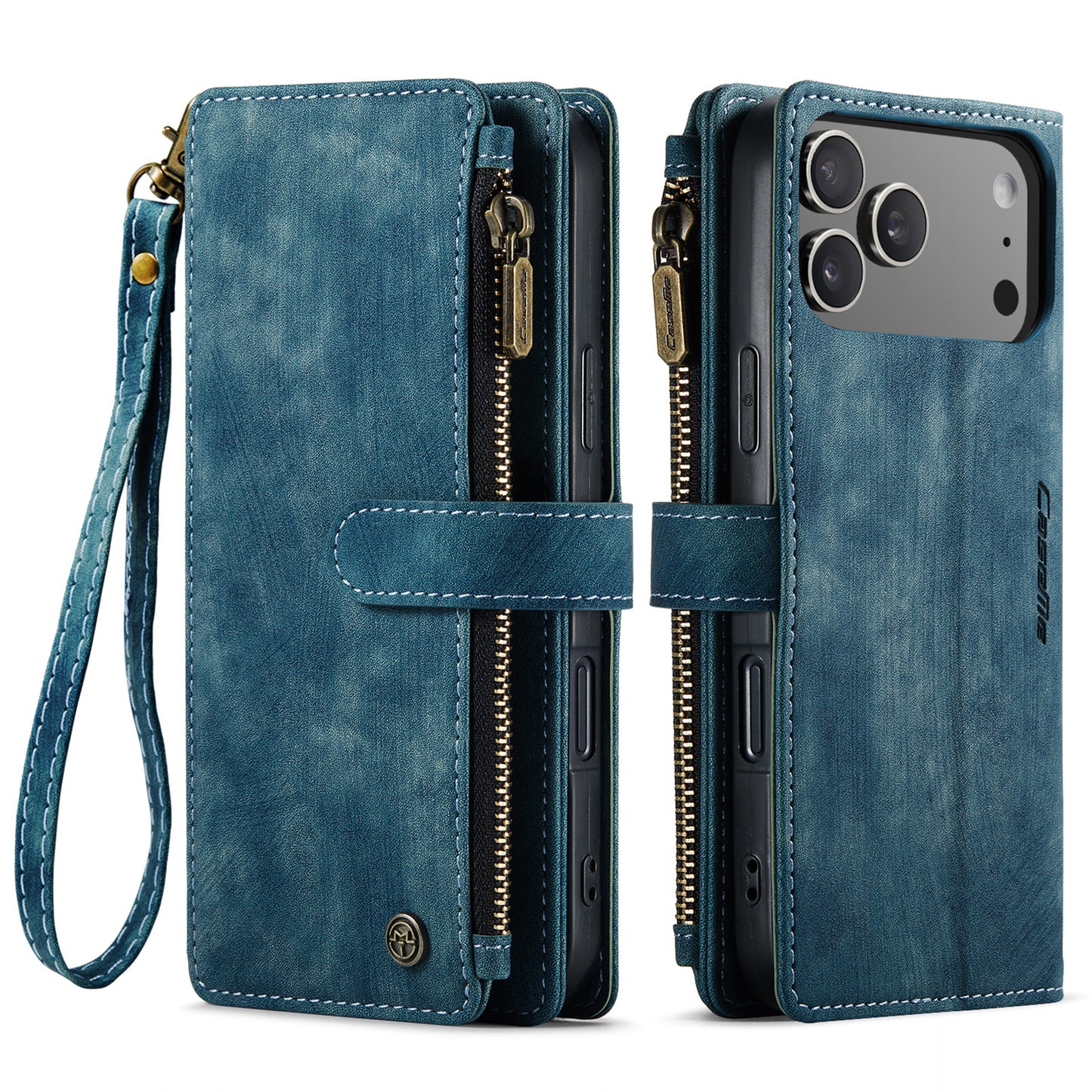 For iPhone 17 Pro Max Phone Cases with Strap CASEME C30 Zipper Multiple Card Holder PU Leather Cover - Blue