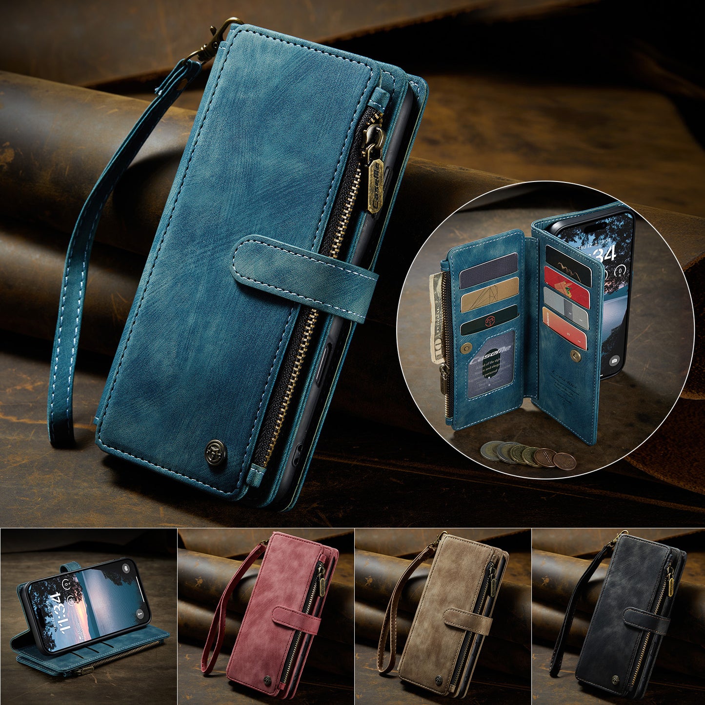 For iPhone 17 Pro Max Phone Cases with Strap CASEME C30 Zipper Multiple Card Holder PU Leather Cover - Blue
