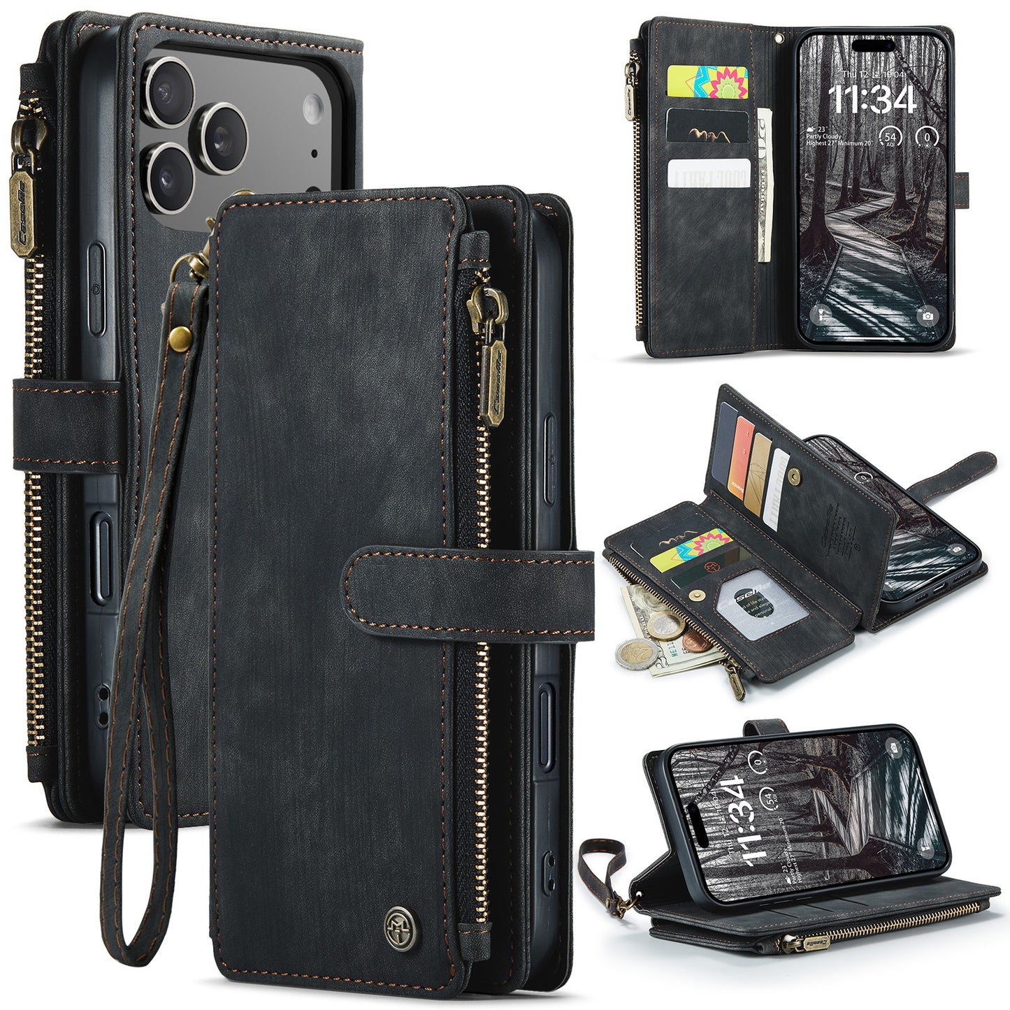 For iPhone 17 Pro Max Phone Cases with Strap CASEME C30 Zipper Multiple Card Holder PU Leather Cover - Black