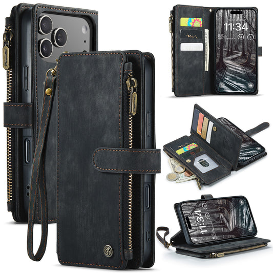 For iPhone 17 Pro Max Phone Cases with Strap CASEME C30 Zipper Multiple Card Holder PU Leather Cover - Black
