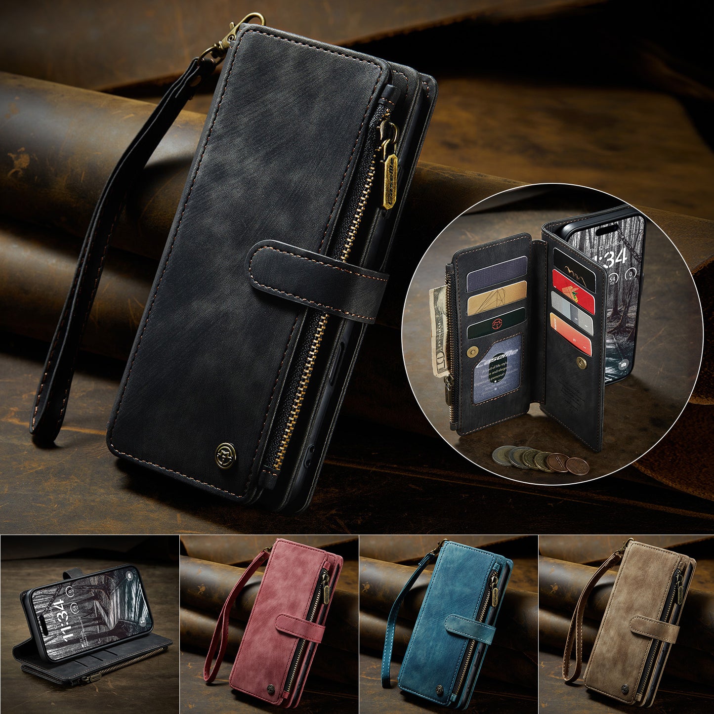 For iPhone 17 Pro Max Phone Cases with Strap CASEME C30 Zipper Multiple Card Holder PU Leather Cover - Black
