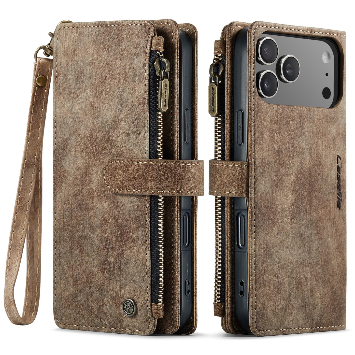 For iPhone 17 Pro Max Phone Cases with Strap CASEME C30 Zipper Multiple Card Holder PU Leather Cover - Brown