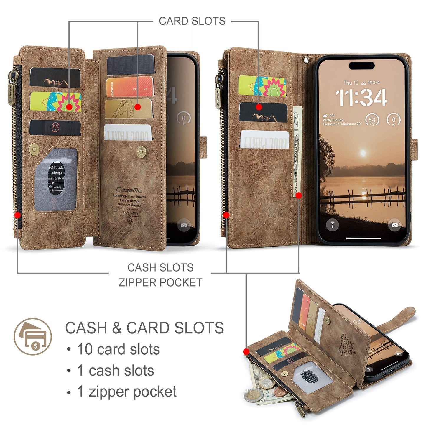 For iPhone 17 Pro Max Phone Cases with Strap CASEME C30 Zipper Multiple Card Holder PU Leather Cover - Brown