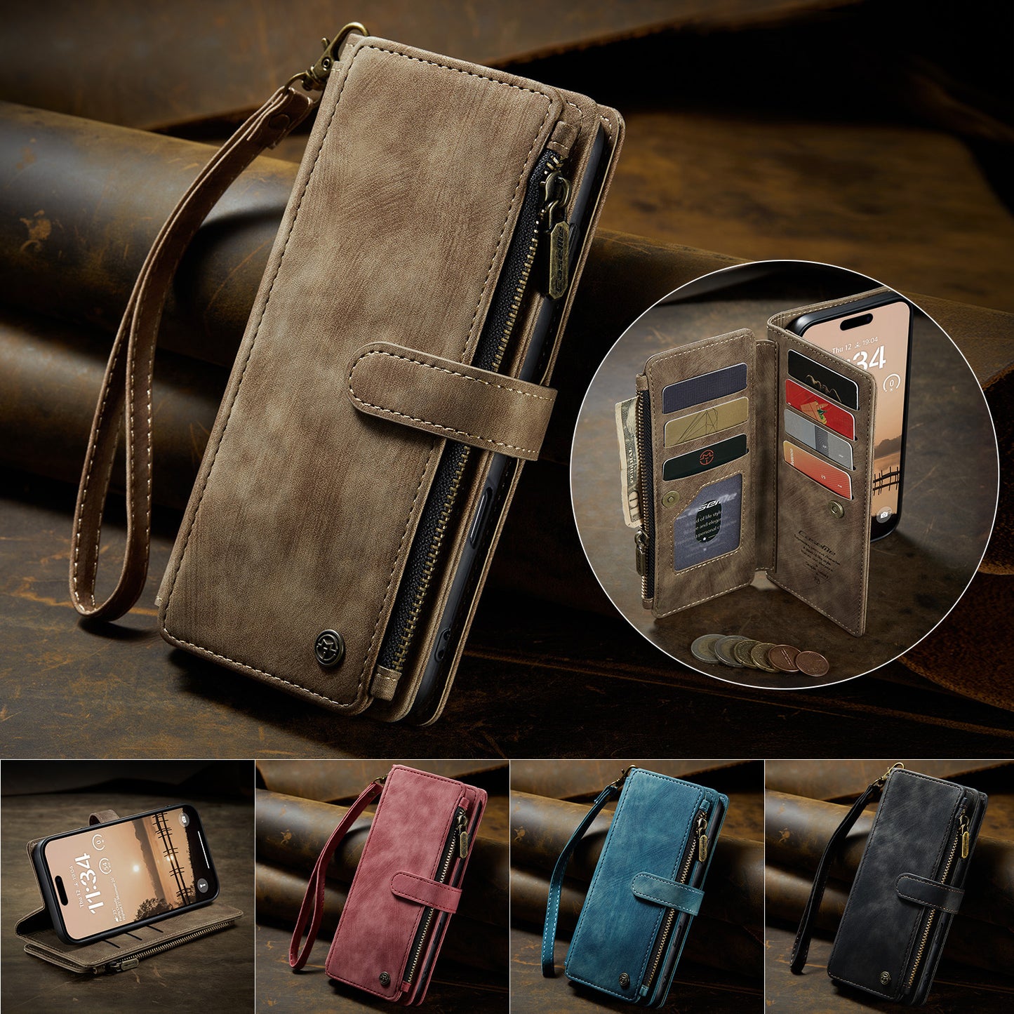 For iPhone 17 Pro Max Phone Cases with Strap CASEME C30 Zipper Multiple Card Holder PU Leather Cover - Brown