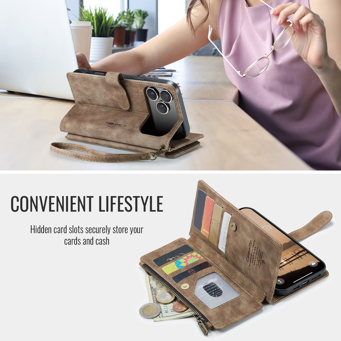 For iPhone 17 Pro Max Phone Cases with Strap CASEME C30 Zipper Multiple Card Holder PU Leather Cover - Brown