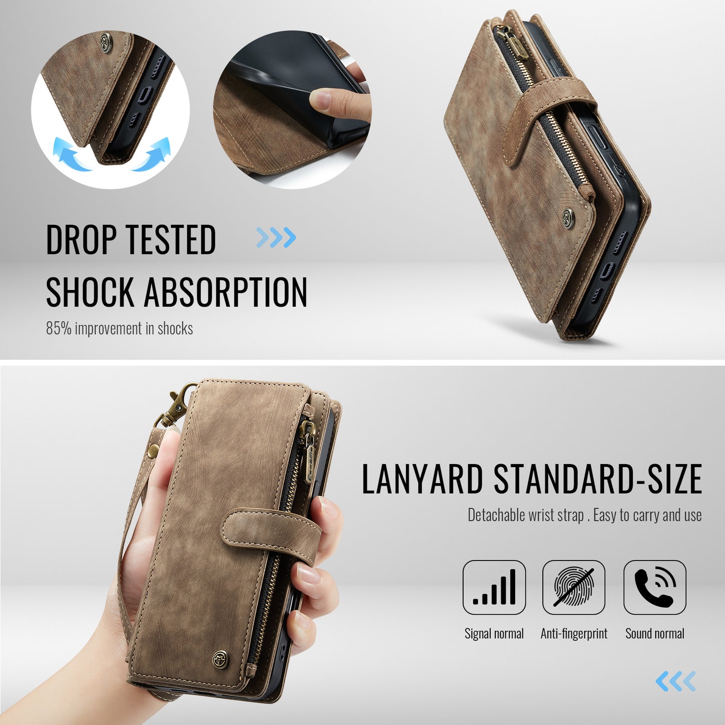 For iPhone 17 Pro Max Phone Cases with Strap CASEME C30 Zipper Multiple Card Holder PU Leather Cover - Brown