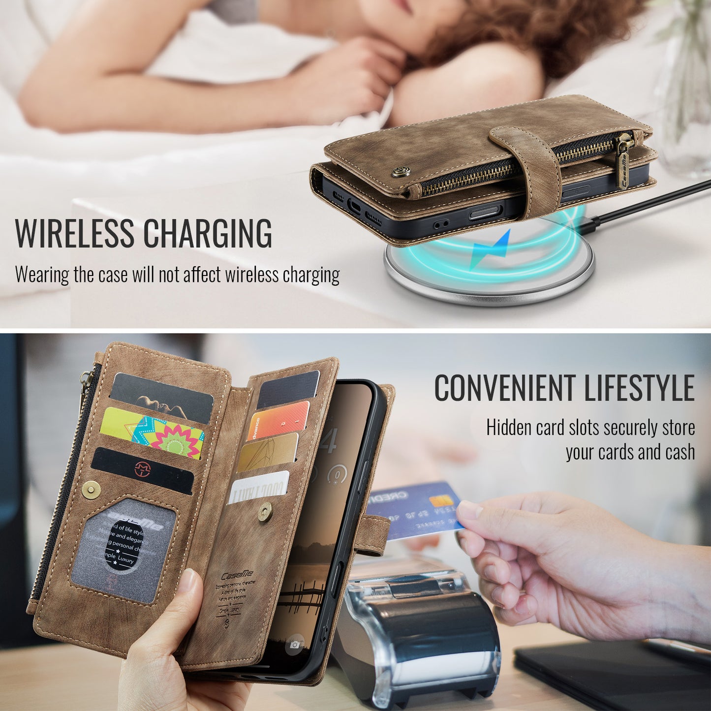 For iPhone 17 Pro Max Phone Cases with Strap CASEME C30 Zipper Multiple Card Holder PU Leather Cover - Brown