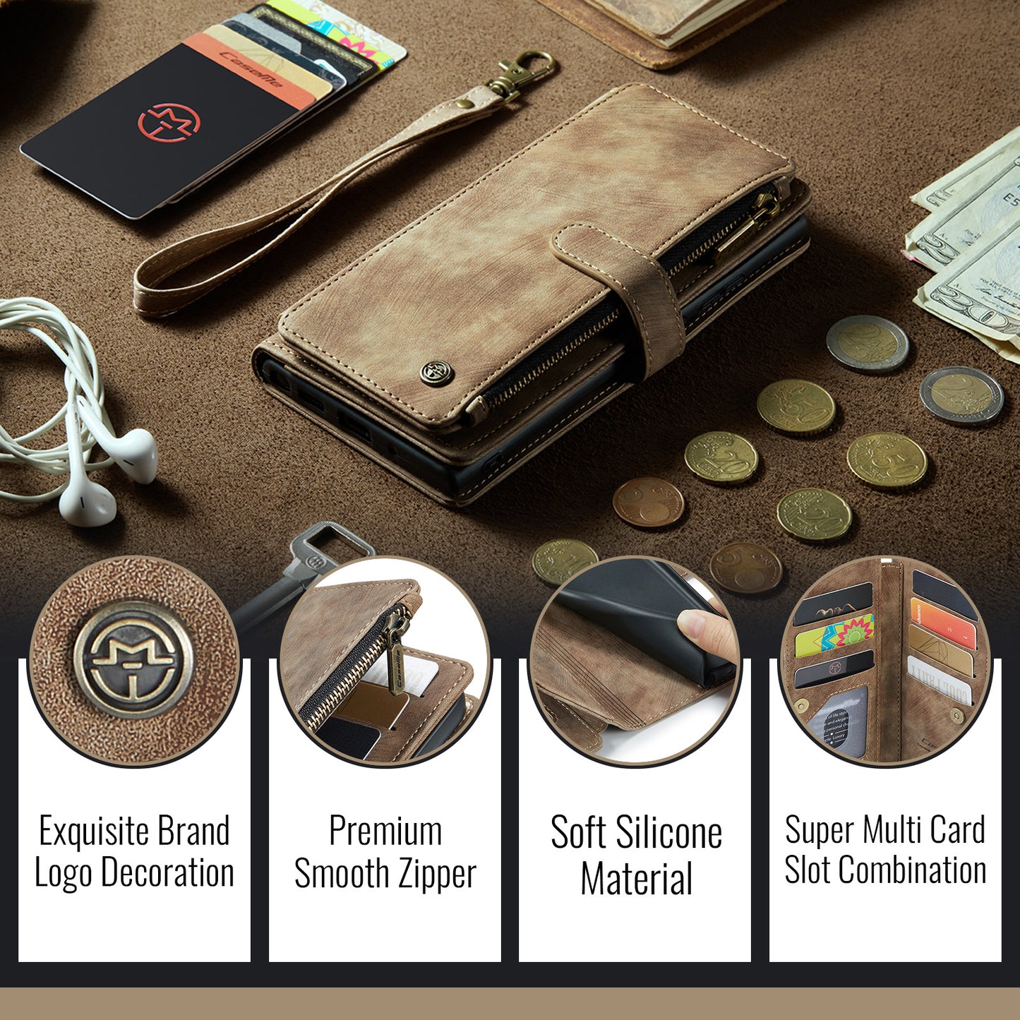 For iPhone 17 Pro Max Phone Cases with Strap CASEME C30 Zipper Multiple Card Holder PU Leather Cover - Brown