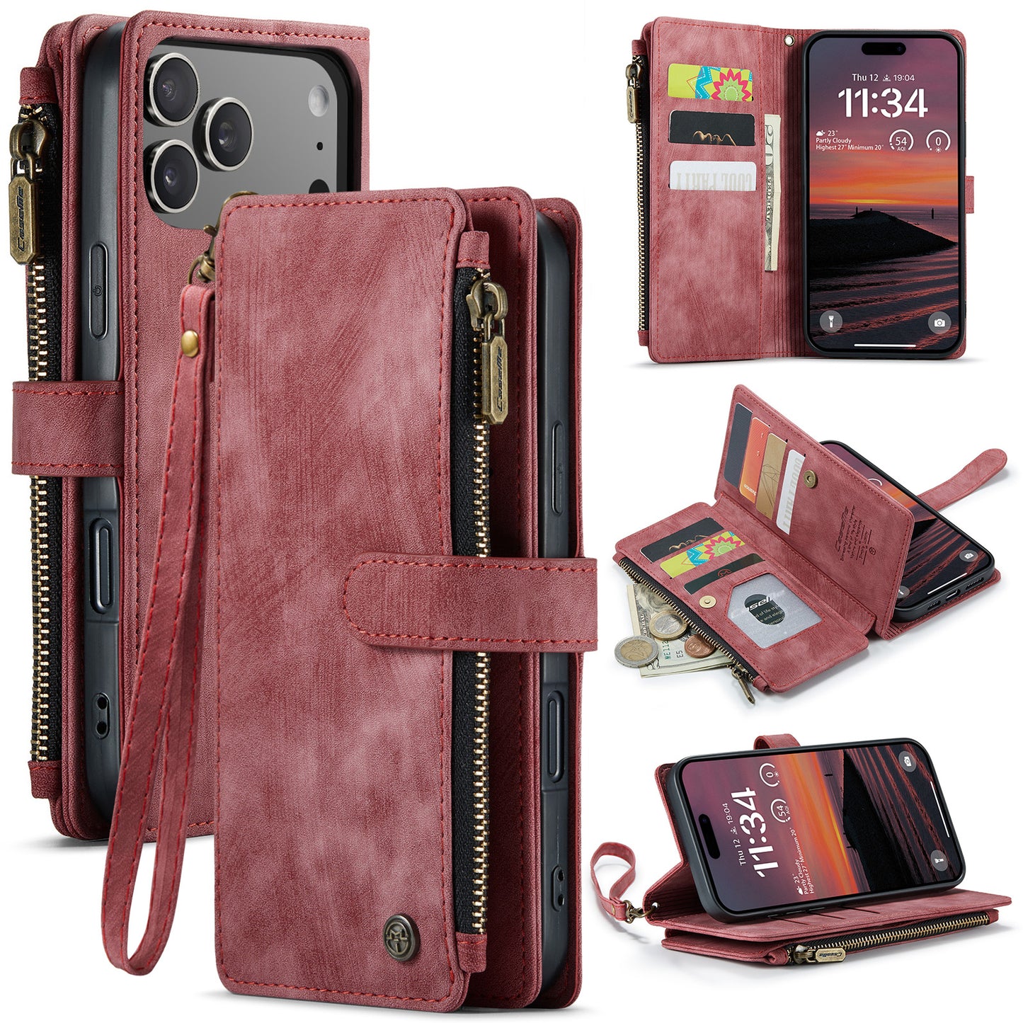 For iPhone 17 Pro Max Phone Cases with Strap CASEME C30 Zipper Multiple Card Holder PU Leather Cover - Red
