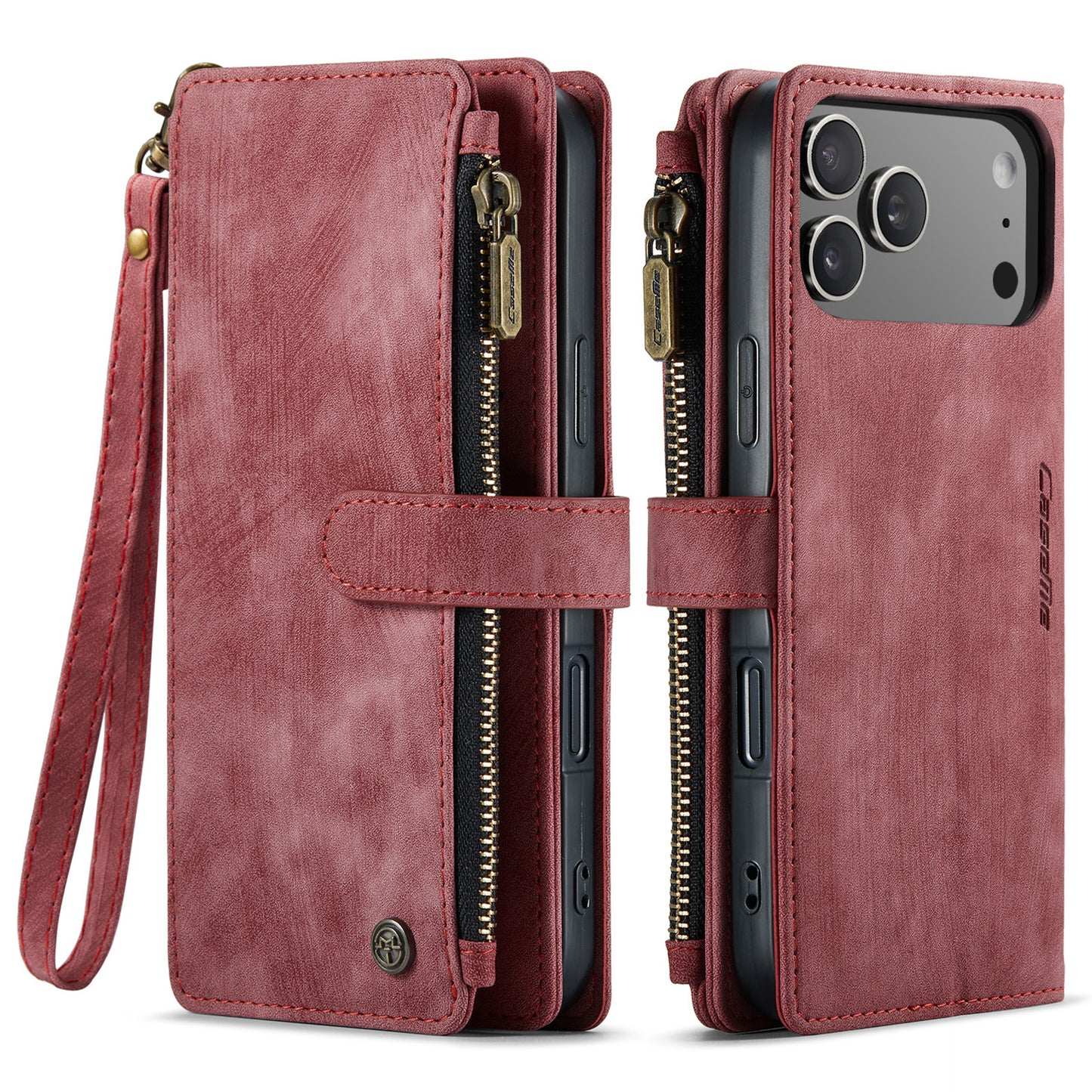 For iPhone 17 Pro Max Phone Cases with Strap CASEME C30 Zipper Multiple Card Holder PU Leather Cover - Red