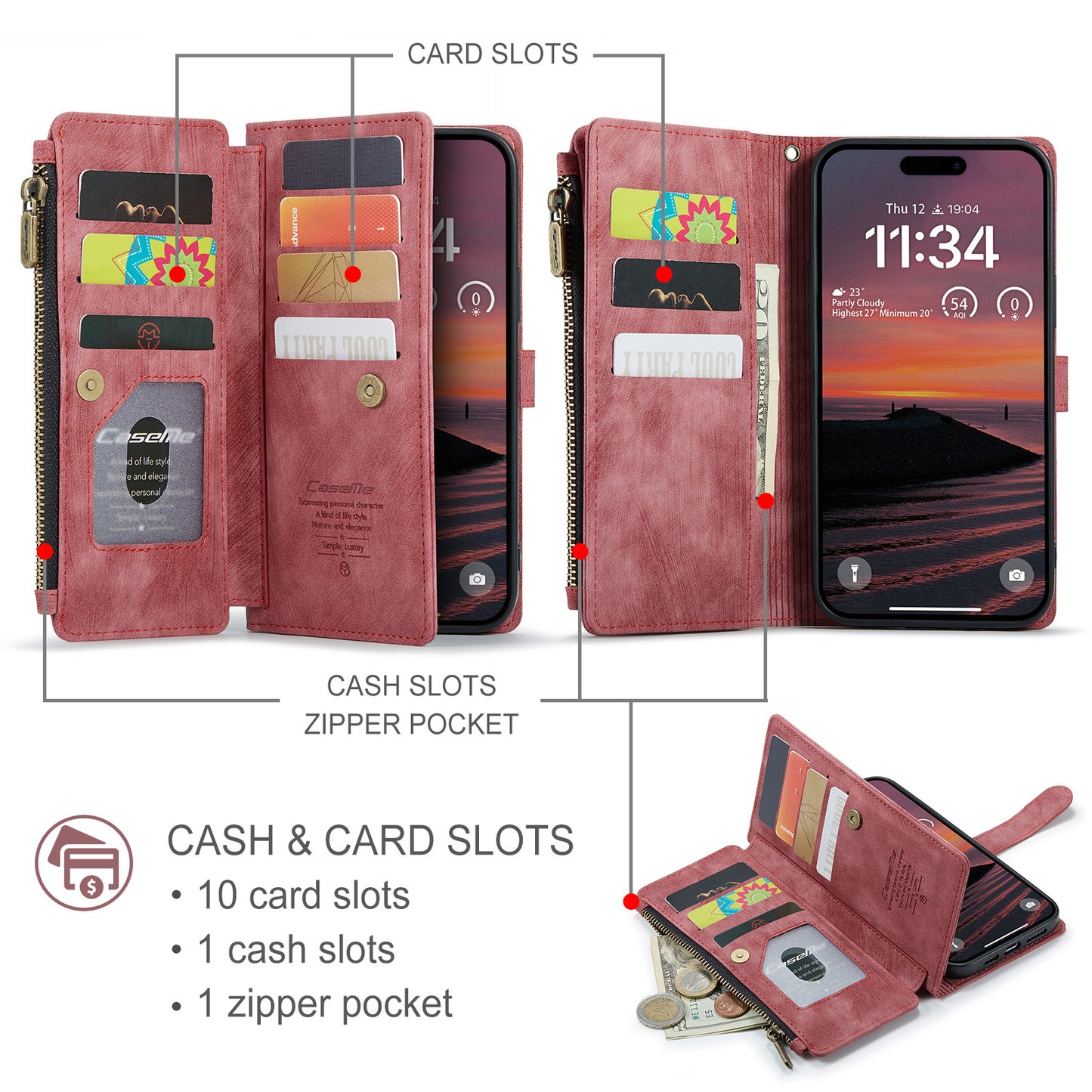 For iPhone 17 Pro Max Phone Cases with Strap CASEME C30 Zipper Multiple Card Holder PU Leather Cover - Red