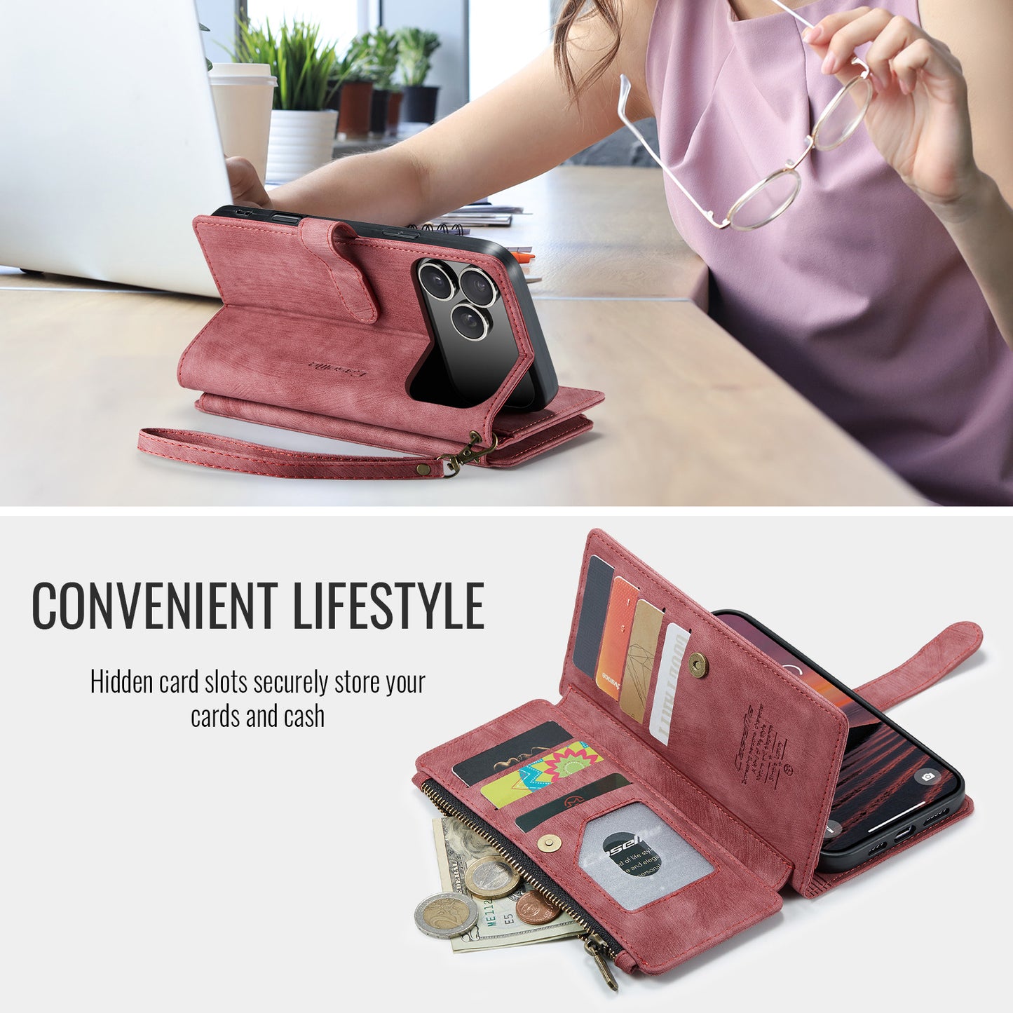 For iPhone 17 Pro Max Phone Cases with Strap CASEME C30 Zipper Multiple Card Holder PU Leather Cover - Red