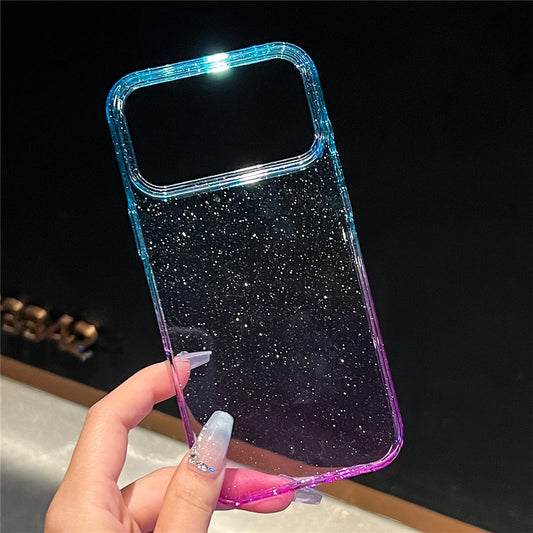 For iPhone 17 Pro Max Case Transparent Glitter Dual Color PC + TPU Phone Cover - Sky Blue / Purple