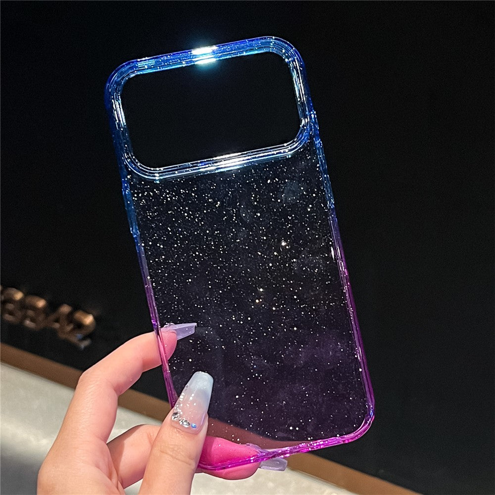 For iPhone 17 Pro Max Case Transparent Glitter Dual Color PC + TPU Phone Cover - Blue / Purple