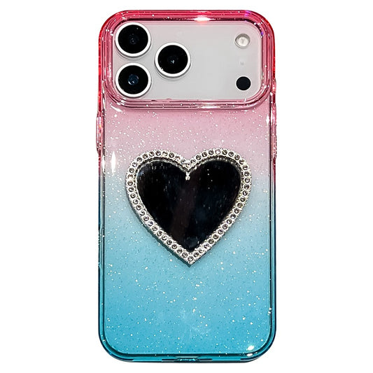 For iPhone 17 Pro Max Case Glitter Dual Color PC + TPU Clear Phone Cover with Heart-Shape Mirror - Pink / Sky Blue