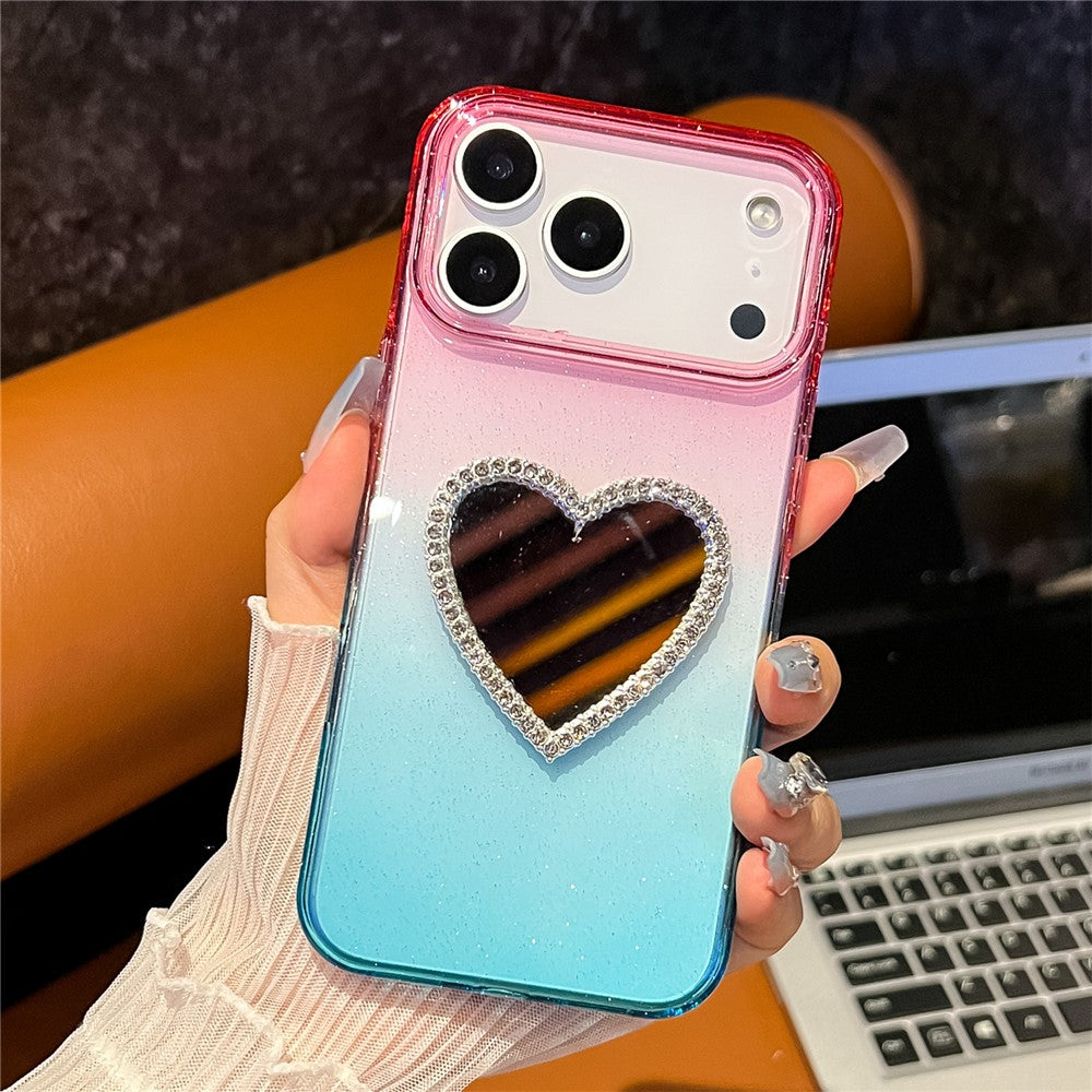 For iPhone 17 Pro Max Case Glitter Dual Color PC + TPU Clear Phone Cover with Heart-Shape Mirror - Pink / Sky Blue