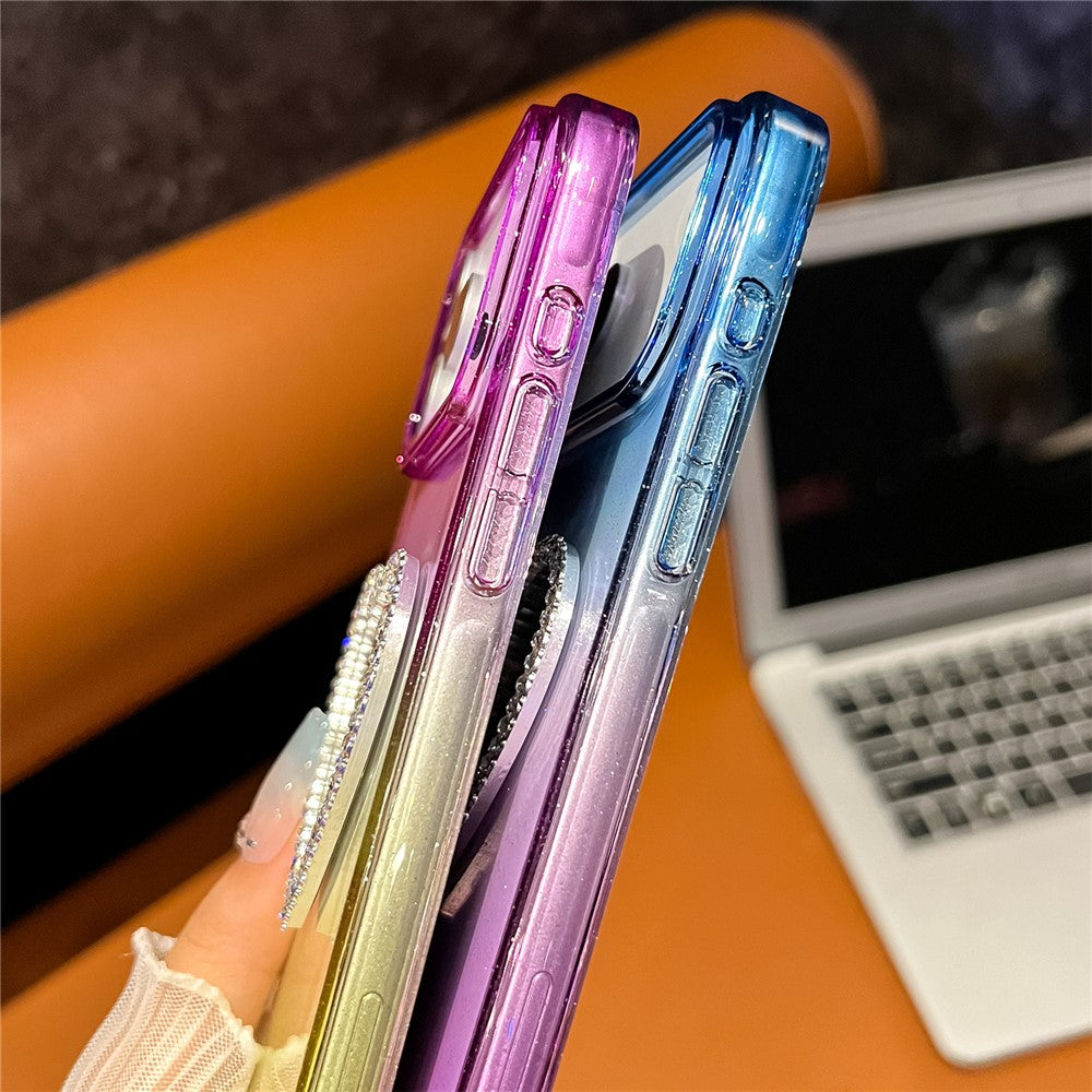 For iPhone 17 Pro Max Case Glitter Dual Color PC + TPU Clear Phone Cover with Heart-Shape Mirror - Sky Blue / Purple