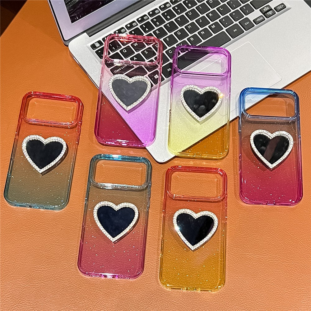 For iPhone 17 Pro Max Case Glitter Dual Color PC + TPU Clear Phone Cover with Heart-Shape Mirror - Pink / Yellow
