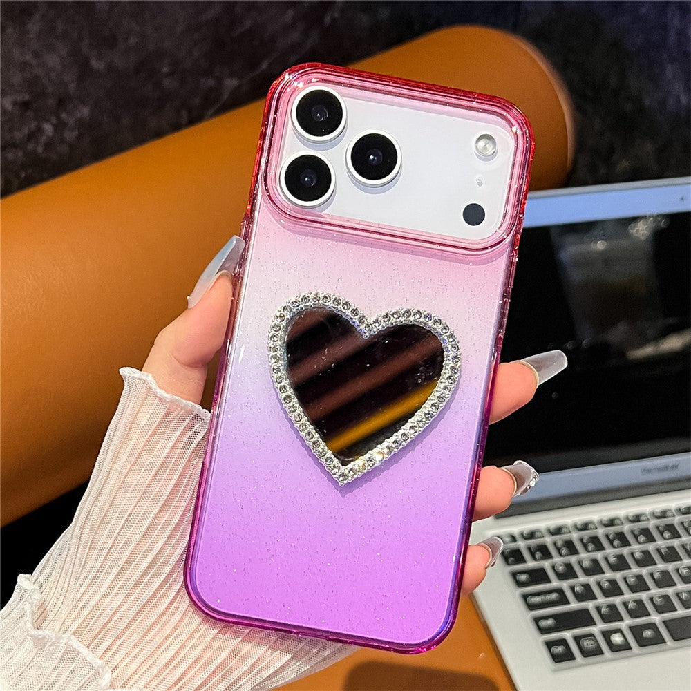 For iPhone 17 Pro Max Case Glitter Dual Color PC + TPU Clear Phone Cover with Heart-Shape Mirror - Pink / Purple