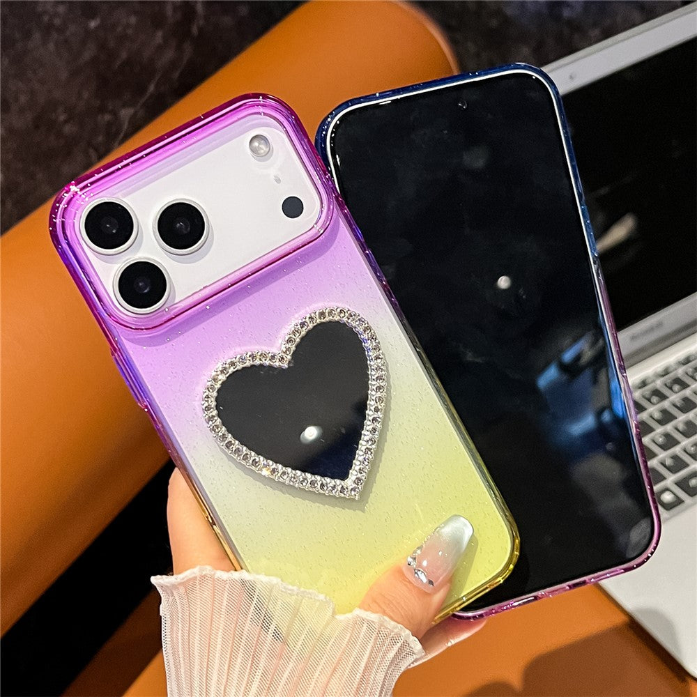 For iPhone 17 Pro Max Case Glitter Dual Color PC + TPU Clear Phone Cover with Heart-Shape Mirror - Pink / Purple
