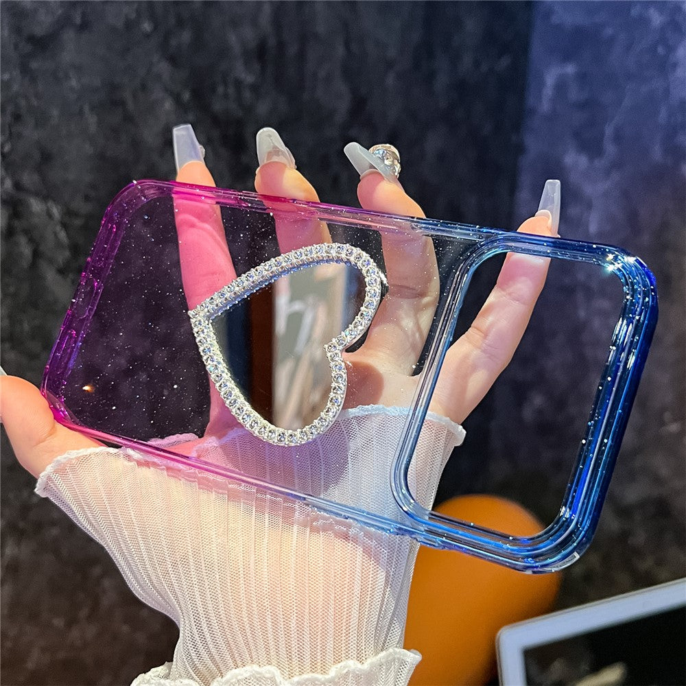 For iPhone 17 Pro Max Case Glitter Dual Color PC + TPU Clear Phone Cover with Heart-Shape Mirror - Pink / Purple