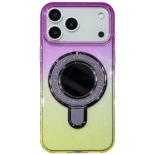 For iPhone 17 Pro Max Case Glitter PC + TPU Clear Mirror Kickstand Phone Cover with Compatible with MagSafe - Purple / Yellow