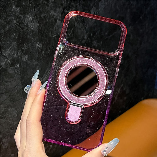 For iPhone 17 Pro Max Case Glitter PC + TPU Clear Mirror Kickstand Phone Cover with Compatible with MagSafe - Pink / Purple