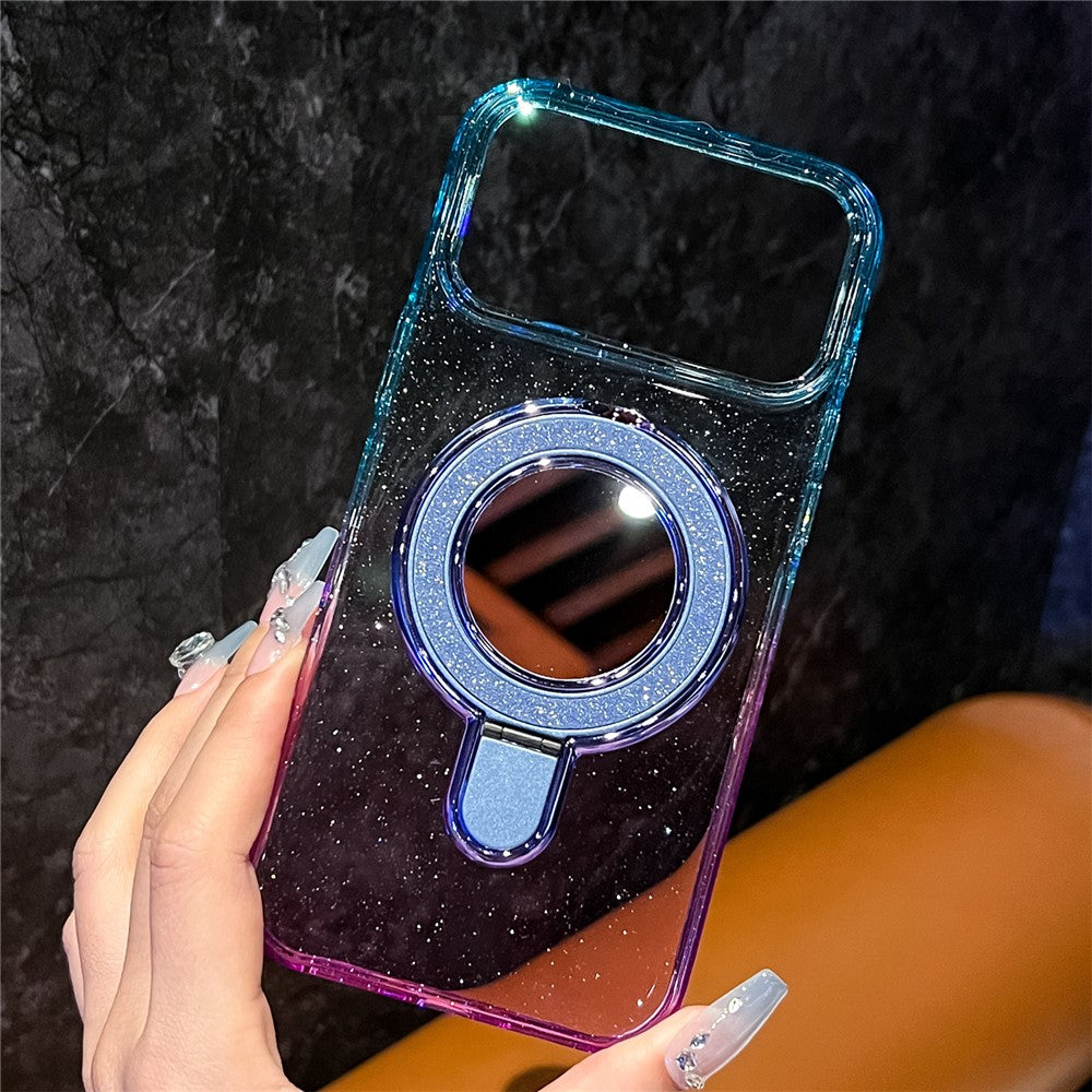For iPhone 17 Pro Max Case Glitter PC + TPU Clear Mirror Kickstand Phone Cover with Compatible with MagSafe - Sky Blue / Purple