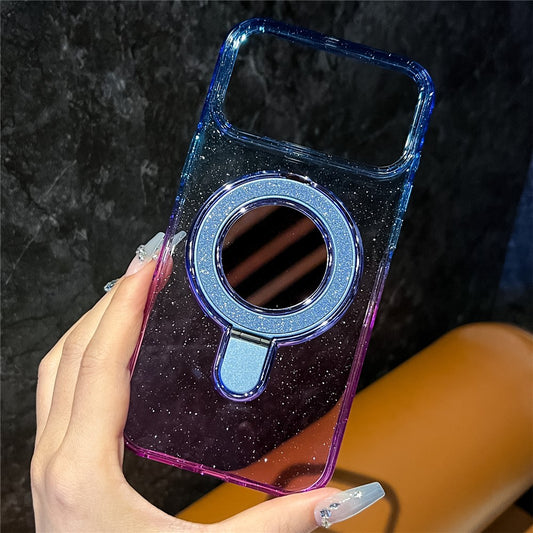For iPhone 17 Pro Max Case Glitter PC + TPU Clear Mirror Kickstand Phone Cover with Compatible with MagSafe - Blue / Purple