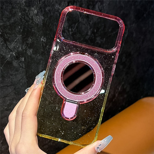 For iPhone 17 Pro Max Case Glitter PC + TPU Clear Mirror Kickstand Phone Cover with Compatible with MagSafe - Pink / Yellow