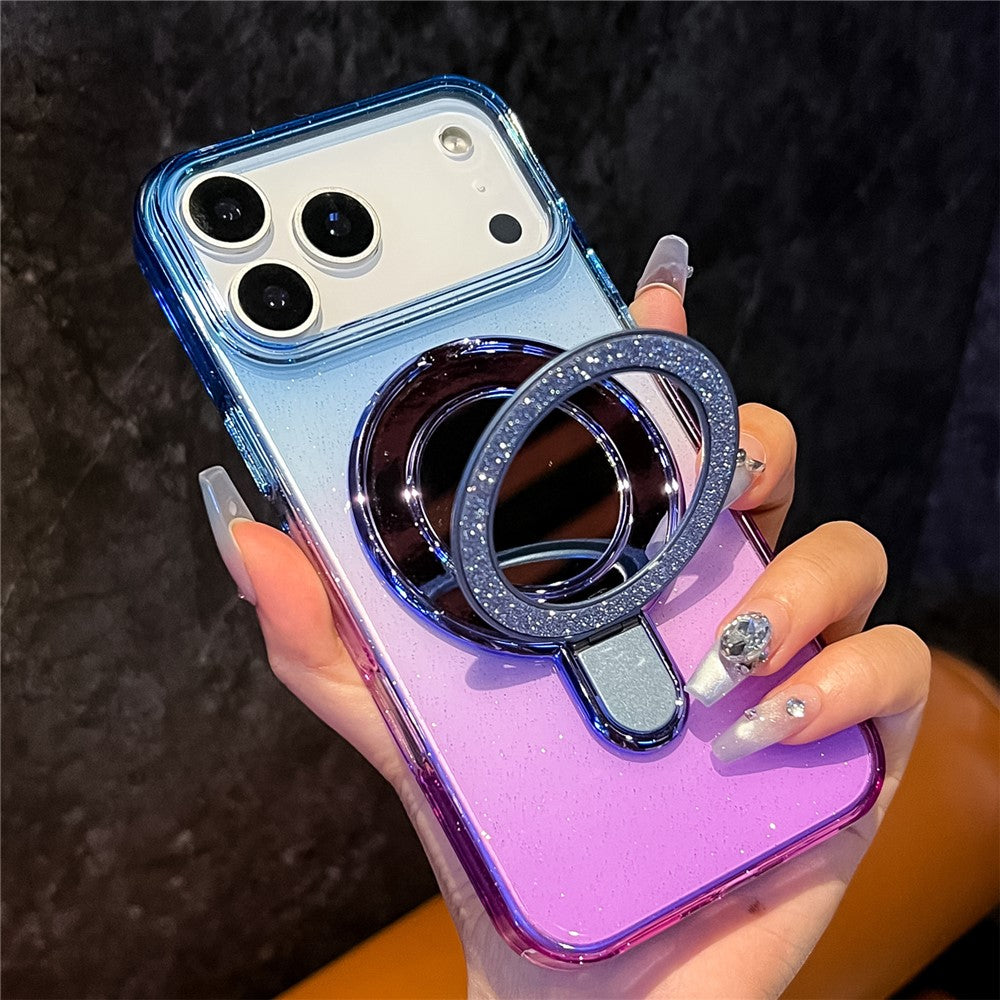 For iPhone 17 Pro Max Case Glitter PC + TPU Clear Mirror Kickstand Phone Cover with Compatible with MagSafe - Pink / Yellow