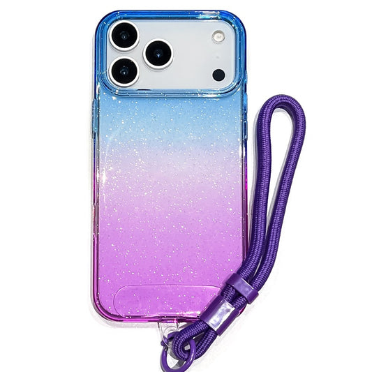 For iPhone 17 Pro Max Case Glitter Dual Color PC + TPU Clear Phone Cover with Hand Strap - Blue / Purple