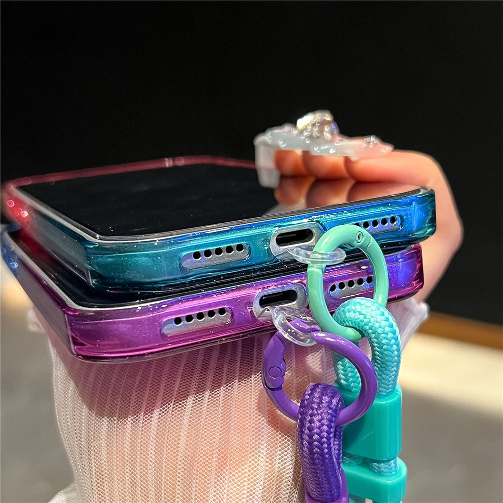 For iPhone 17 Pro Max Case Glitter Dual Color PC + TPU Clear Phone Cover with Hand Strap - Blue / Purple