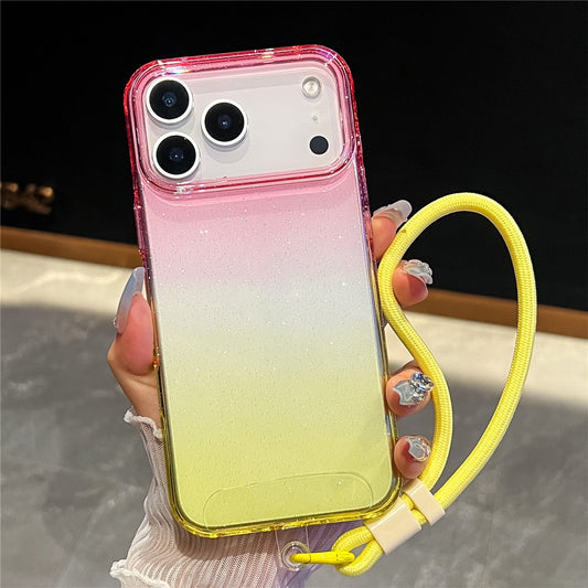 For iPhone 17 Pro Max Case Glitter Dual Color PC + TPU Clear Phone Cover with Hand Strap - Pink / Yellow