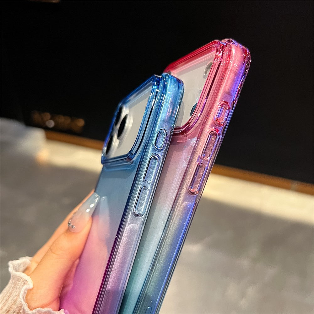 For iPhone 17 Pro Max Case Glitter Dual Color PC + TPU Clear Phone Cover with Hand Strap - Pink / Yellow